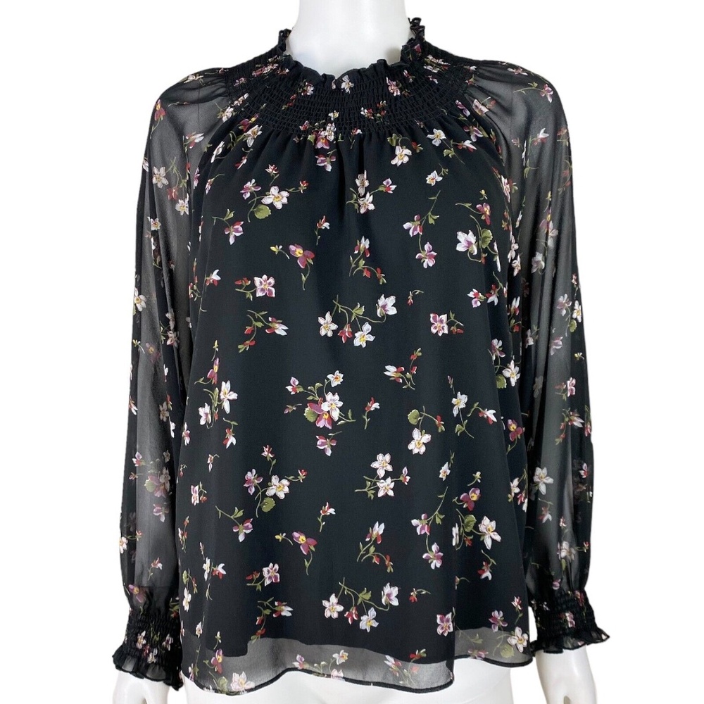 Madewell Long Sleeve Smocked Mock Neck Black Floral Blouse AD273